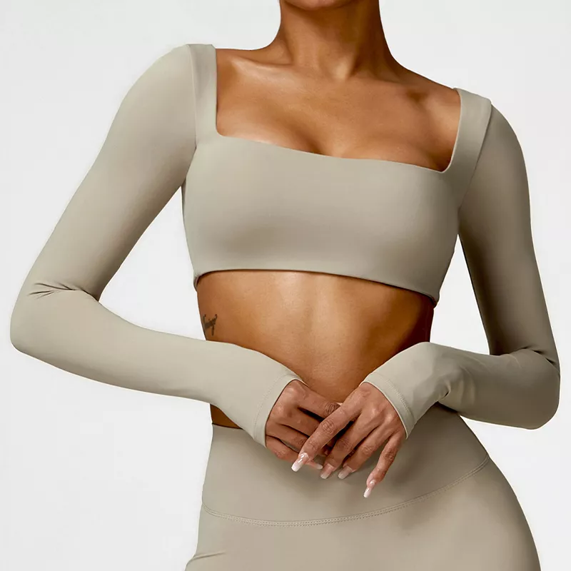 Women's Quick-Dry Long Sleeve Crop Top - Square Neck Sportswear for Gym & Yoga - Image 4
