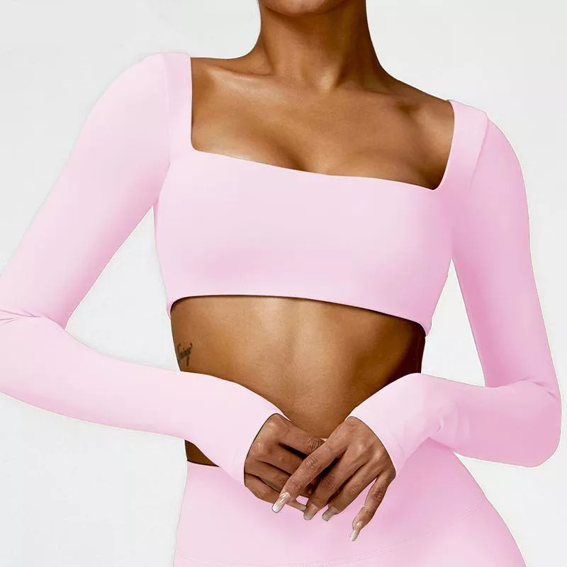 Women's Quick-Dry Long Sleeve Crop Top - Square Neck Sportswear for Gym & Yoga - Image 2