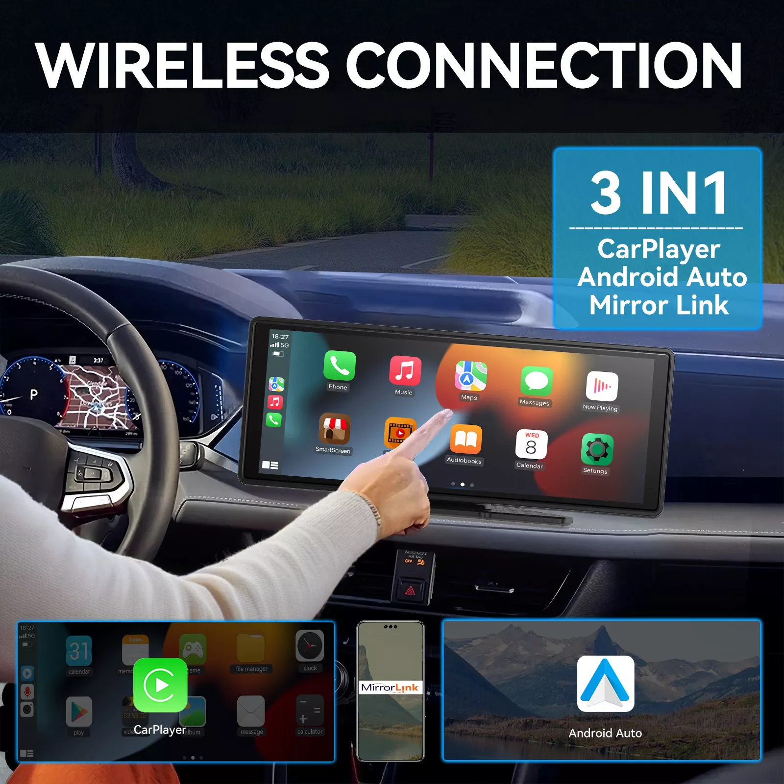 Universal Portable Wireless CarPlay & Android Auto Touchscreen for Car - Image 2
