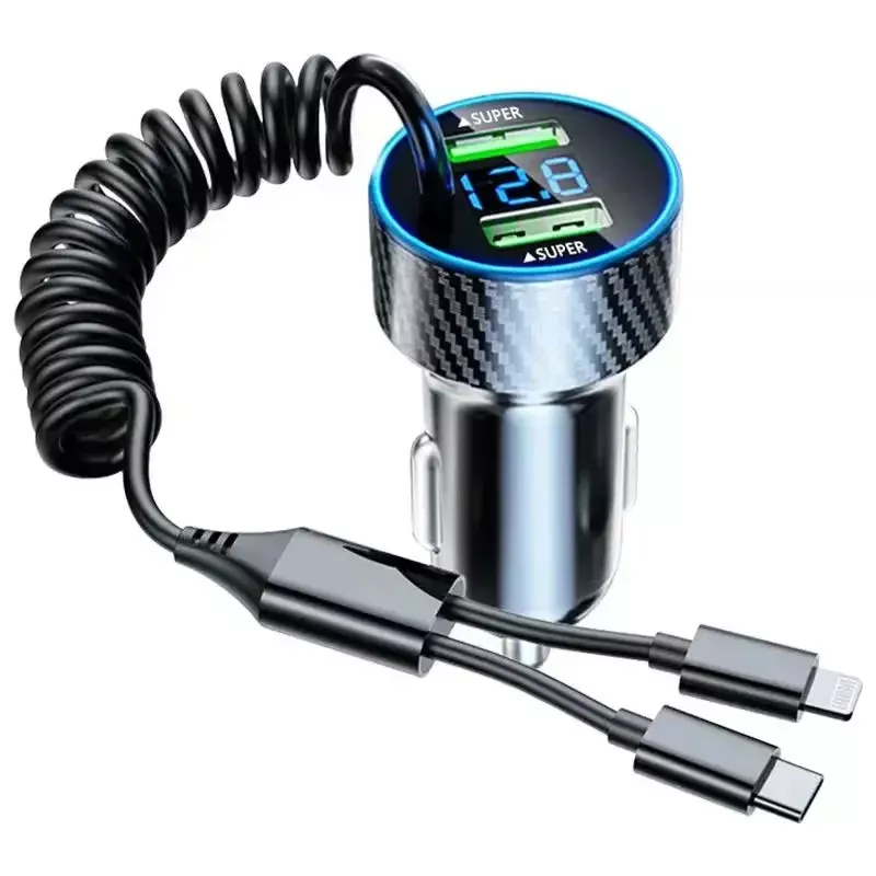 USB Car Phone Charger Adapter with Retractable Cable LED Voltage Monitor
