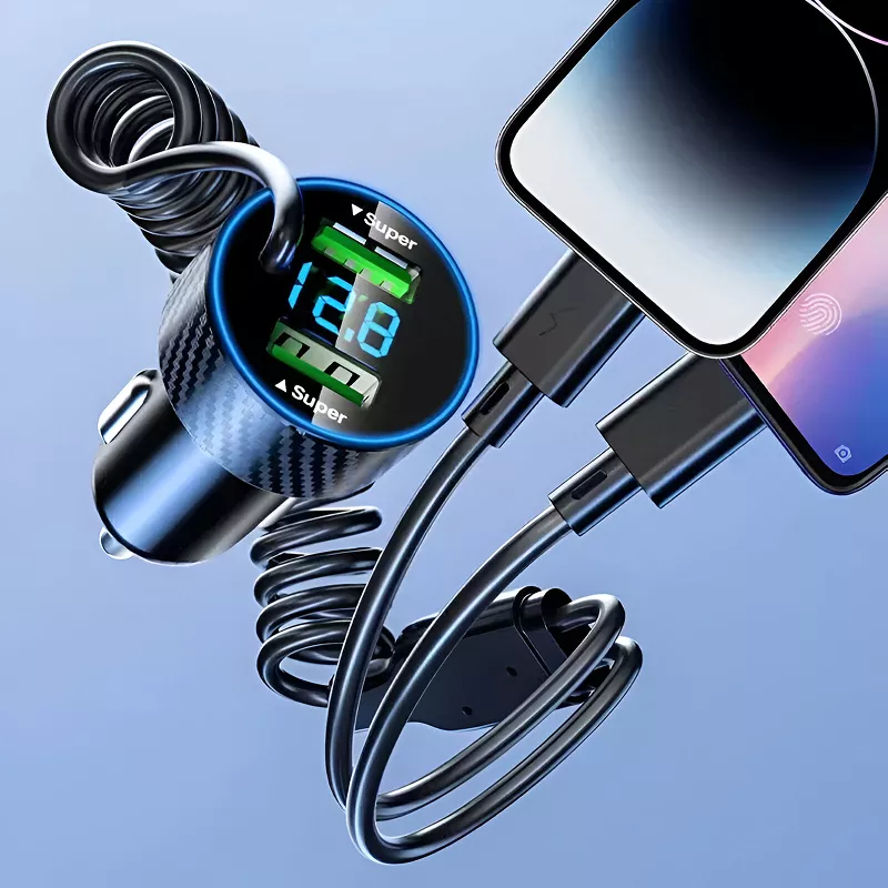 USB Car Phone Charger Adapter with Retractable Cable LED Voltage Monitor - Image 4