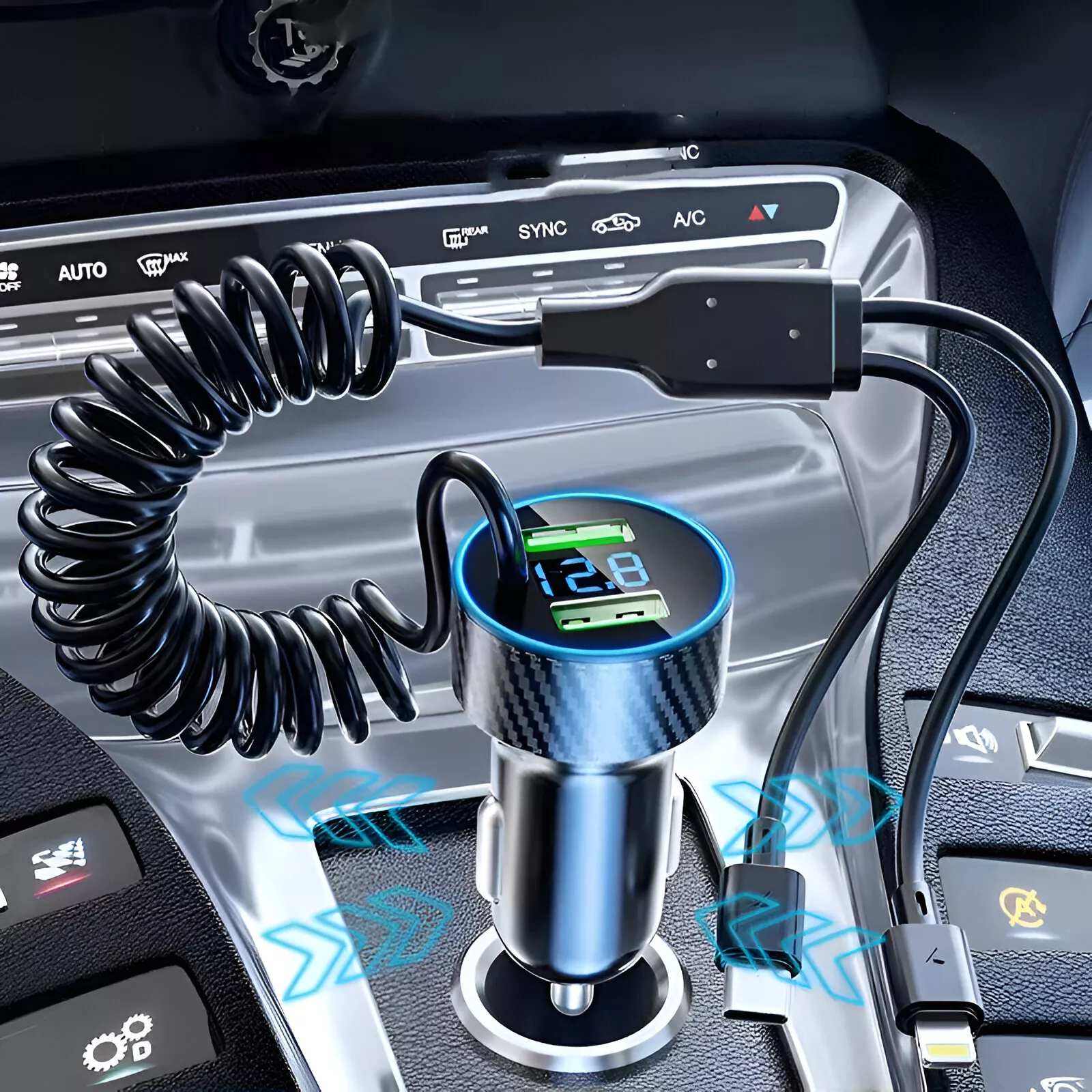 USB Car Phone Charger Adapter with Retractable Cable LED Voltage Monitor - Image 5