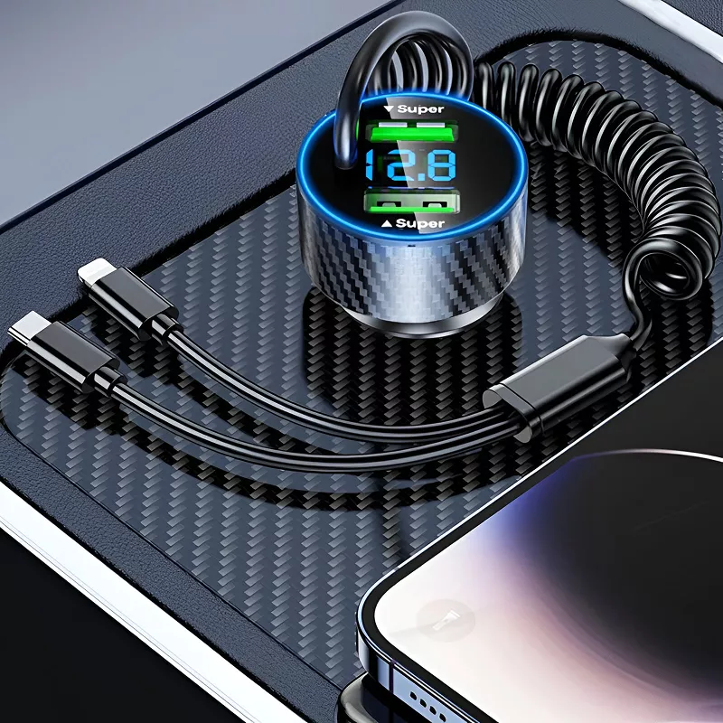 USB Car Phone Charger Adapter with Retractable Cable LED Voltage Monitor - Image 2