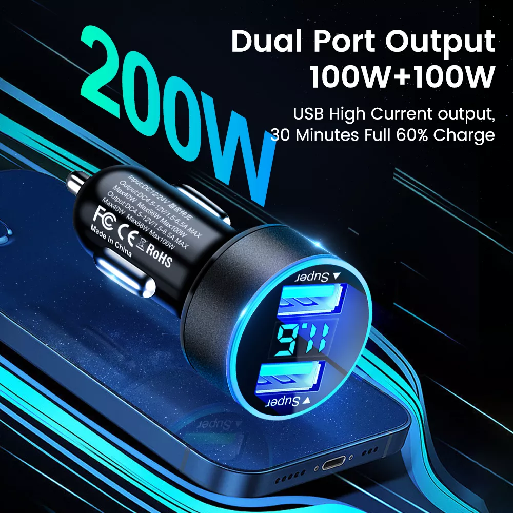 200W Dual USB Car Charger with Fast Charging - Image 2
