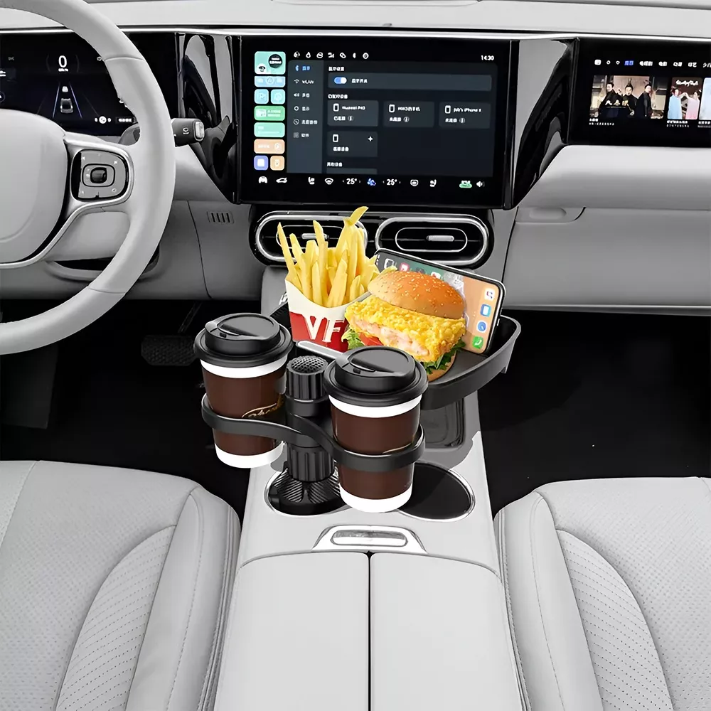 Dual Cup Holder Expander Adjustable 360° Rotating Car Drink & Snack Tray - Image 4