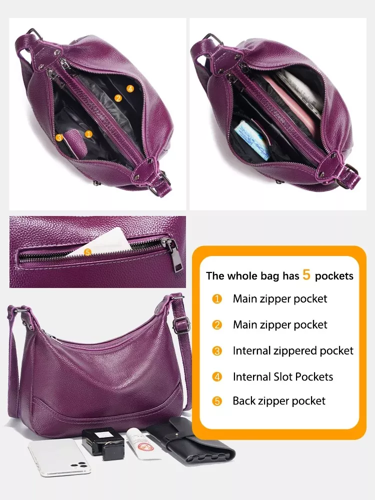 Vintage Purple Tan Leather Crossbody Hobo Bag for Women - Image 4