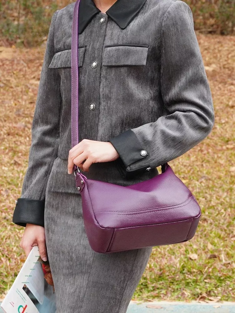 Vintage Purple Tan Leather Crossbody Hobo Bag for Women - Image 2