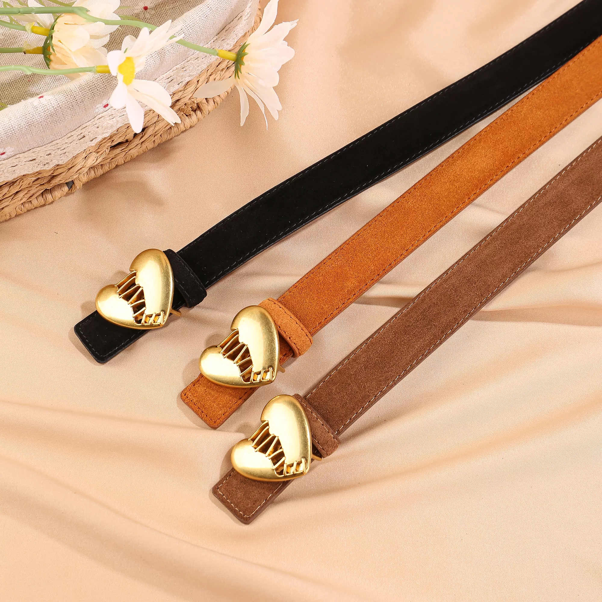 Heart Buckle Gothic Women’s Leather Belt – Punk Style Suede Cowhide Skinny Waist Strap - Image 5