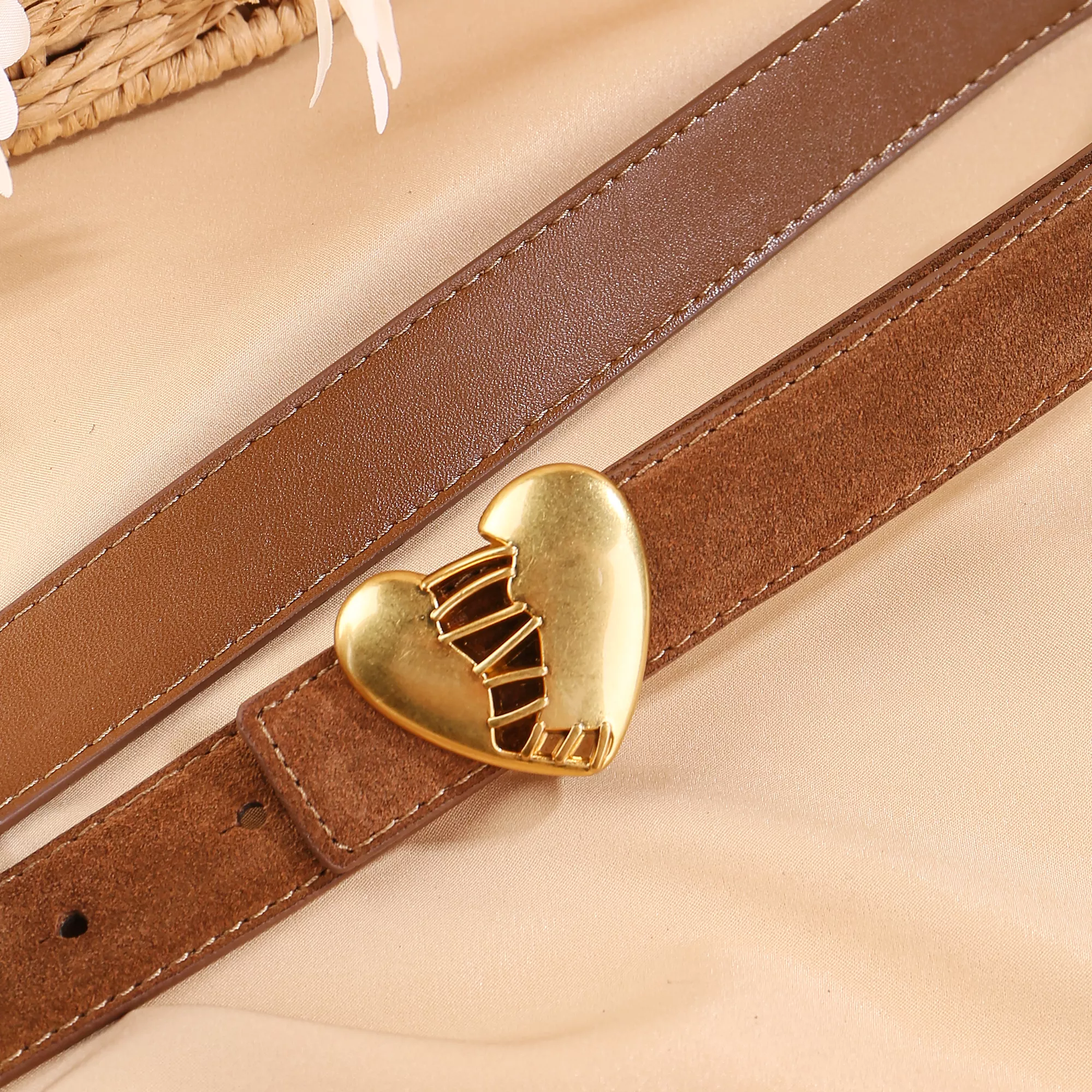Heart Buckle Gothic Women’s Leather Belt – Punk Style Suede Cowhide Skinny Waist Strap - Image 3