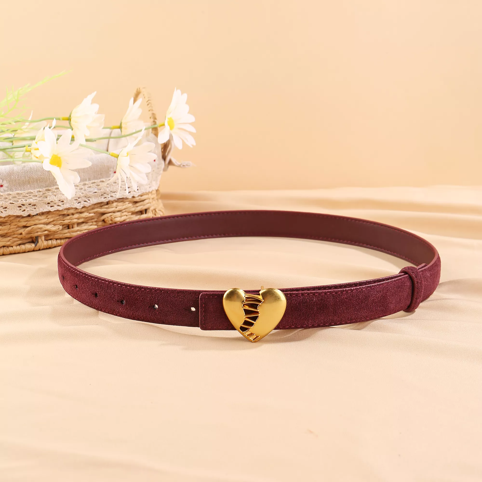 Heart Buckle Gothic Women’s Leather Belt – Punk Style Suede Cowhide Skinny Waist Strap - Image 2