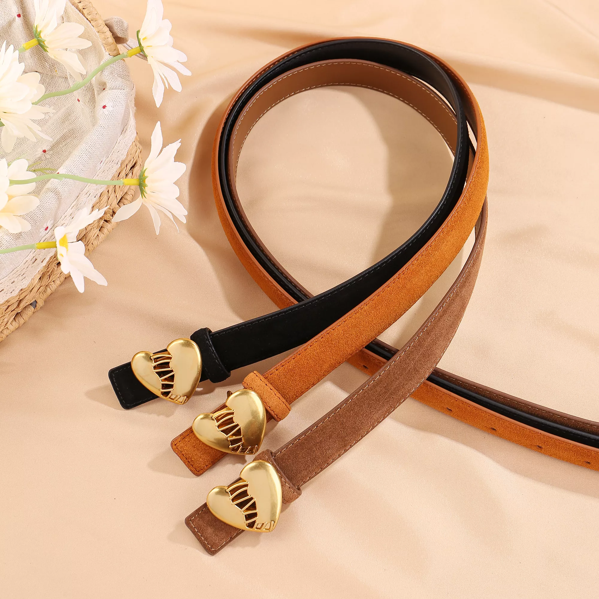 Heart Buckle Gothic Women’s Leather Belt – Punk Style Suede Cowhide Skinny Waist Strap - Image 4