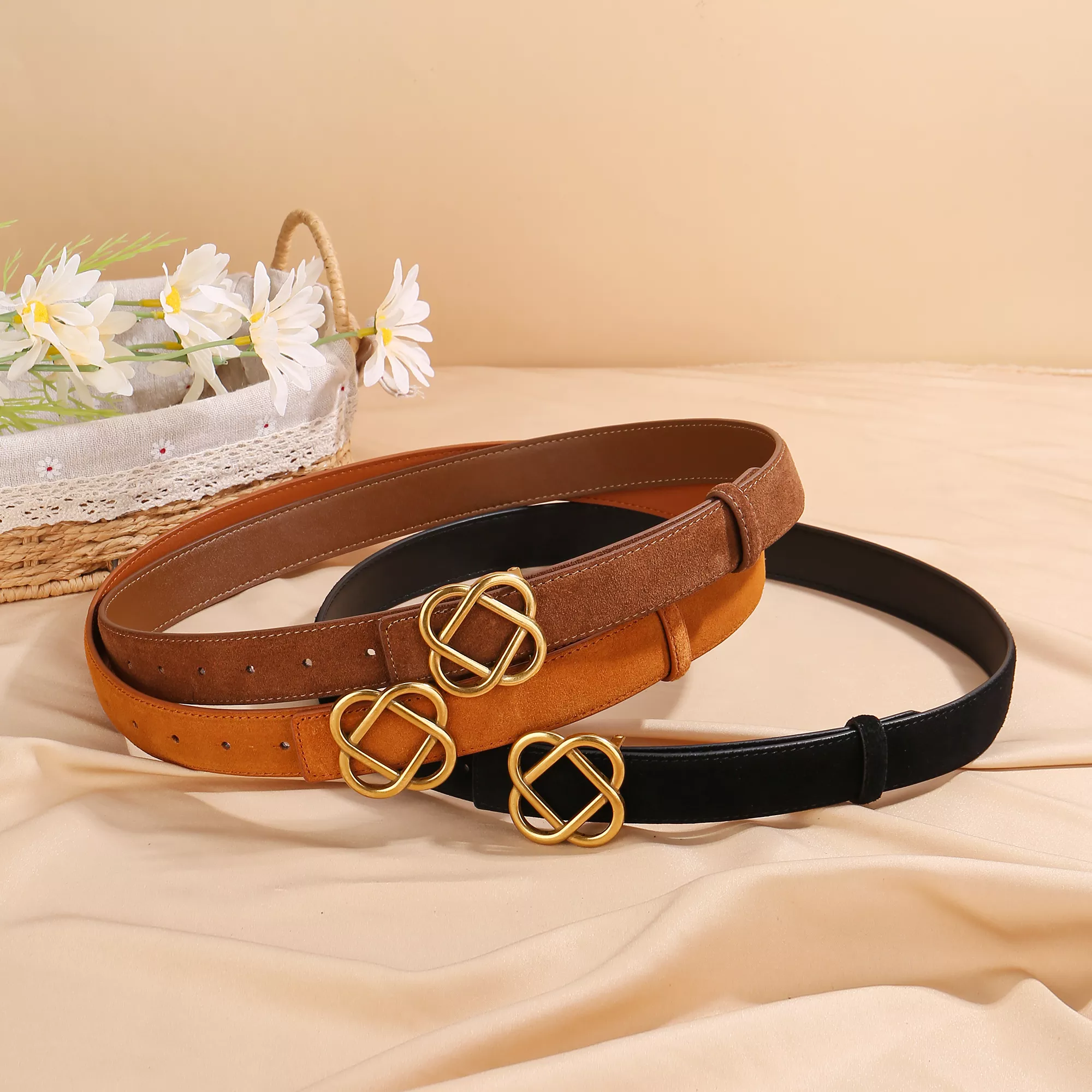 Luxury Red Cowhide Suede Belt with Chinese Knot Square Buckle for Women - Image 3