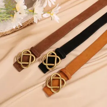 Luxury Red Cowhide Suede Belt with Chinese Knot Square Buckle for Women