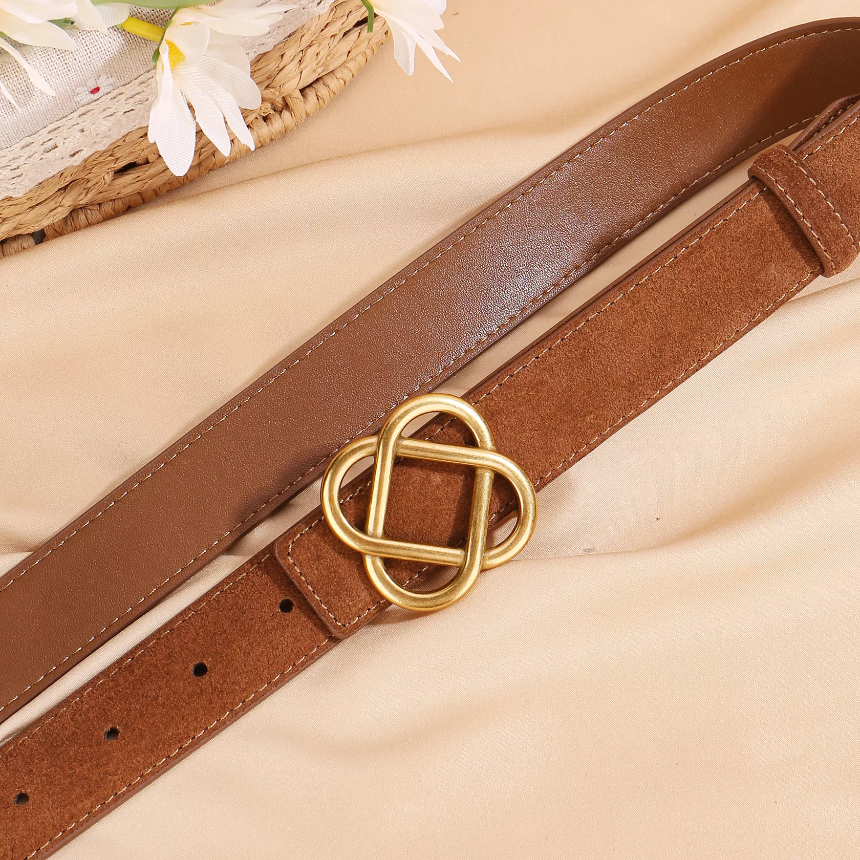 Luxury Red Cowhide Suede Belt with Chinese Knot Square Buckle for Women - Image 4