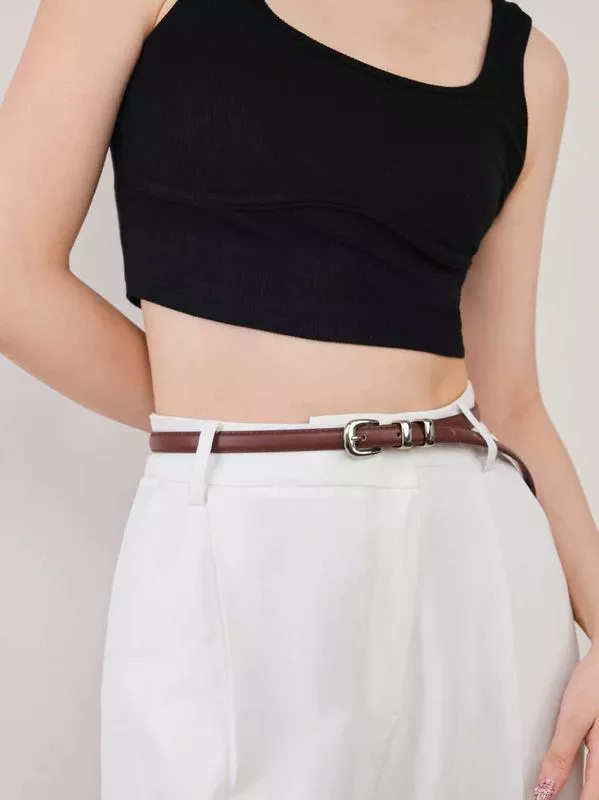 Skinny Leather Belt for Women with Silver Buckle – Fashionable Thin Waistband for Dresses & Jeans - Image 4