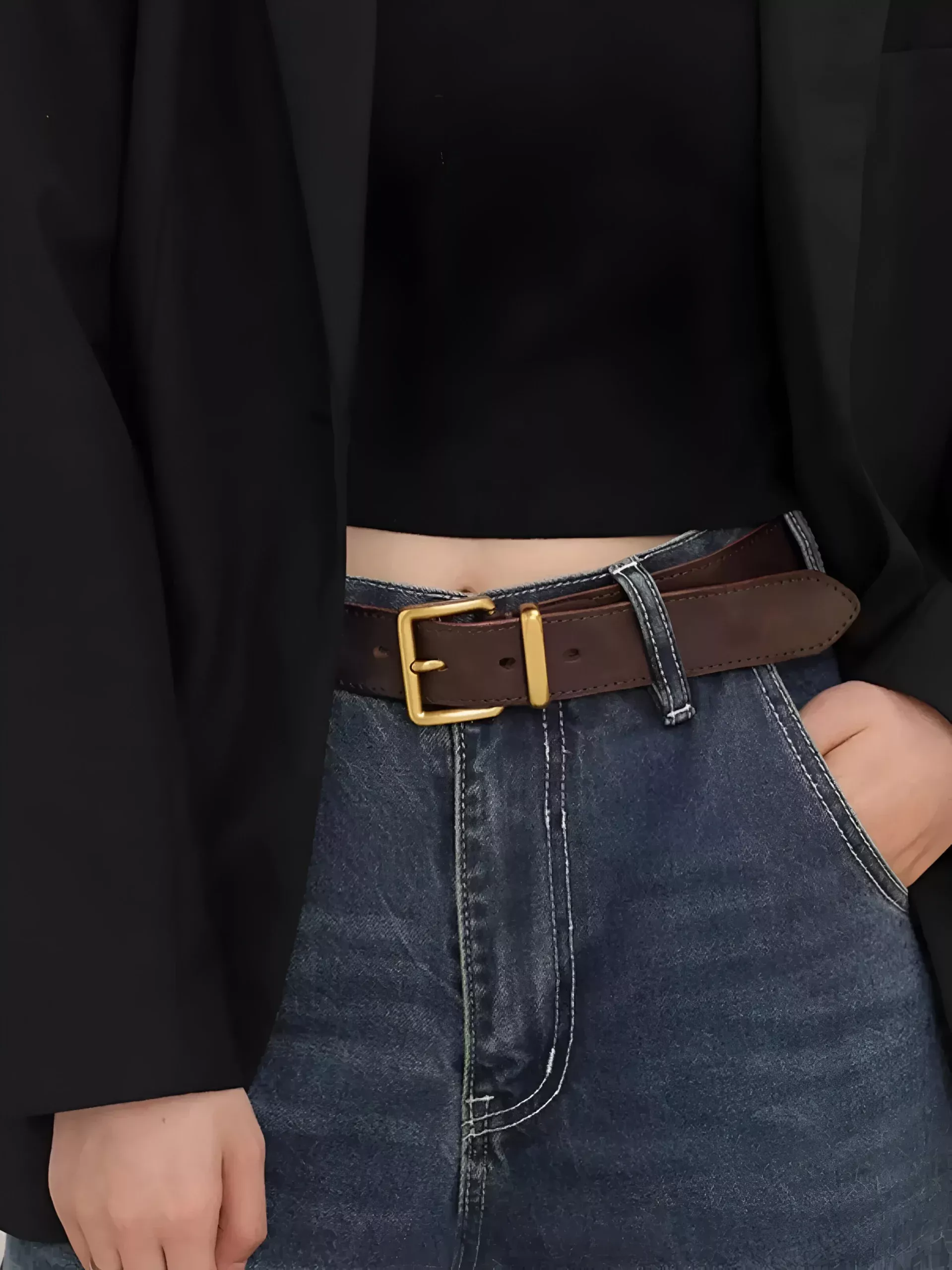 Vintage Black Suede Leather Belt with Gold Square Buckle for Women - Image 4