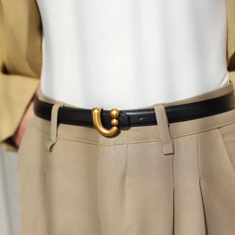 Genuine Leather Women's Skinny Belt with Retro Gold Buckle - Perfect for Dress, Jeans & Trench Coats