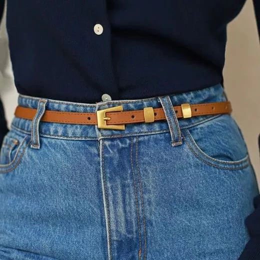 Fashion Skinny Leather Waist Belt with Gold Buckle for Women - Cowhide Decorative Waistband