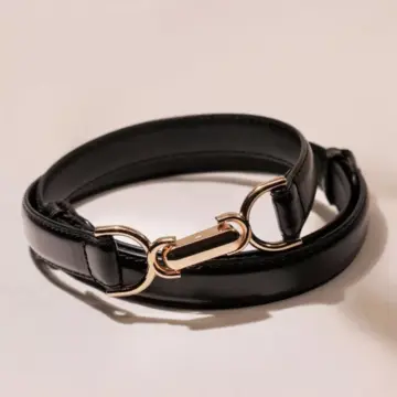 Women's Skinny Leather Belt with Gold Rotating Buckle – Slim Waist Belt for Jeans and Dresses
