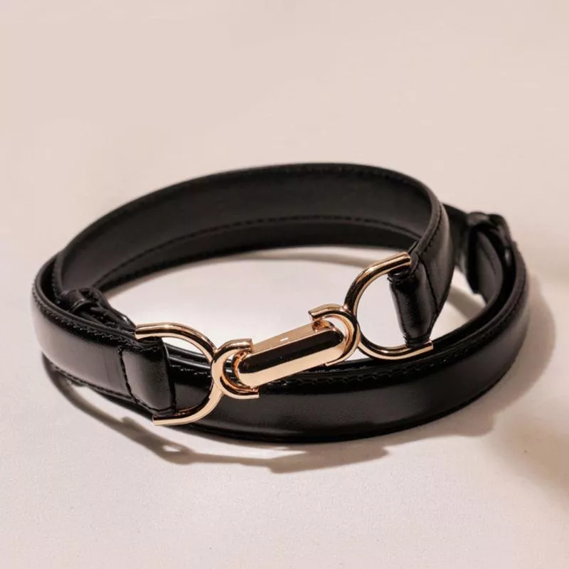 Women's Skinny Leather Belt with Gold Rotating Buckle – Slim Waist Belt for Jeans and Dresses
