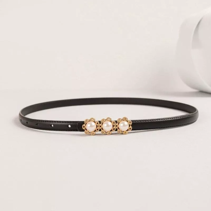Elegant Pearl Women's Thin Genuine Leather Belt – Stylish Waistband for Dresses & Jeans - Image 2