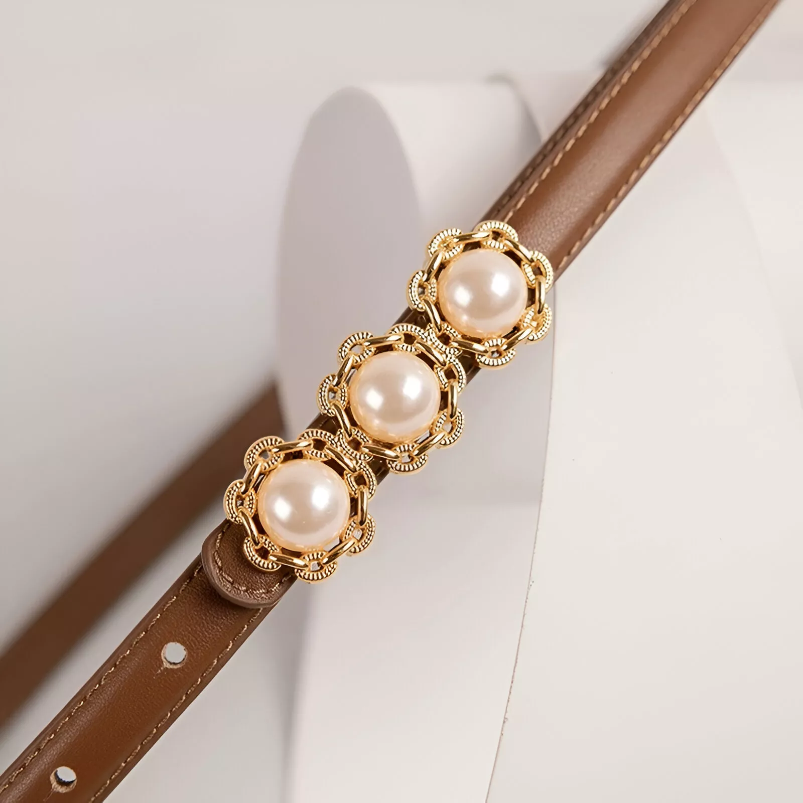 Elegant Pearl Women's Thin Genuine Leather Belt – Stylish Waistband for Dresses & Jeans - Image 4