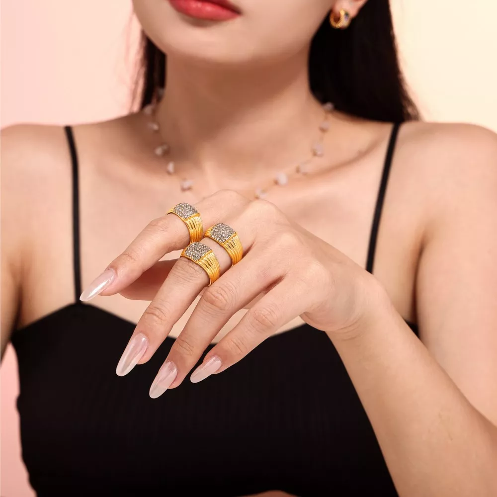 18k Gold Plated Stainless Steel Multi-Line Textured Ring - Image 2