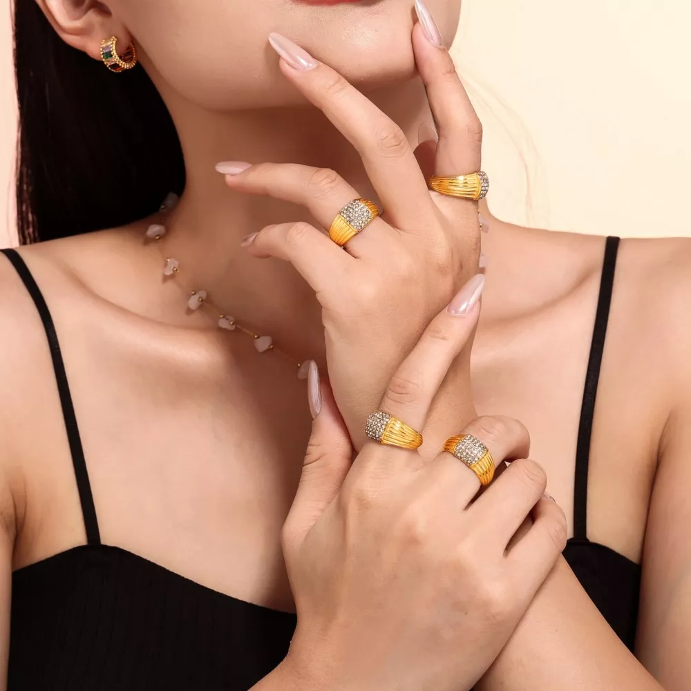 18k Gold Plated Stainless Steel Multi-Line Textured Ring - Image 4