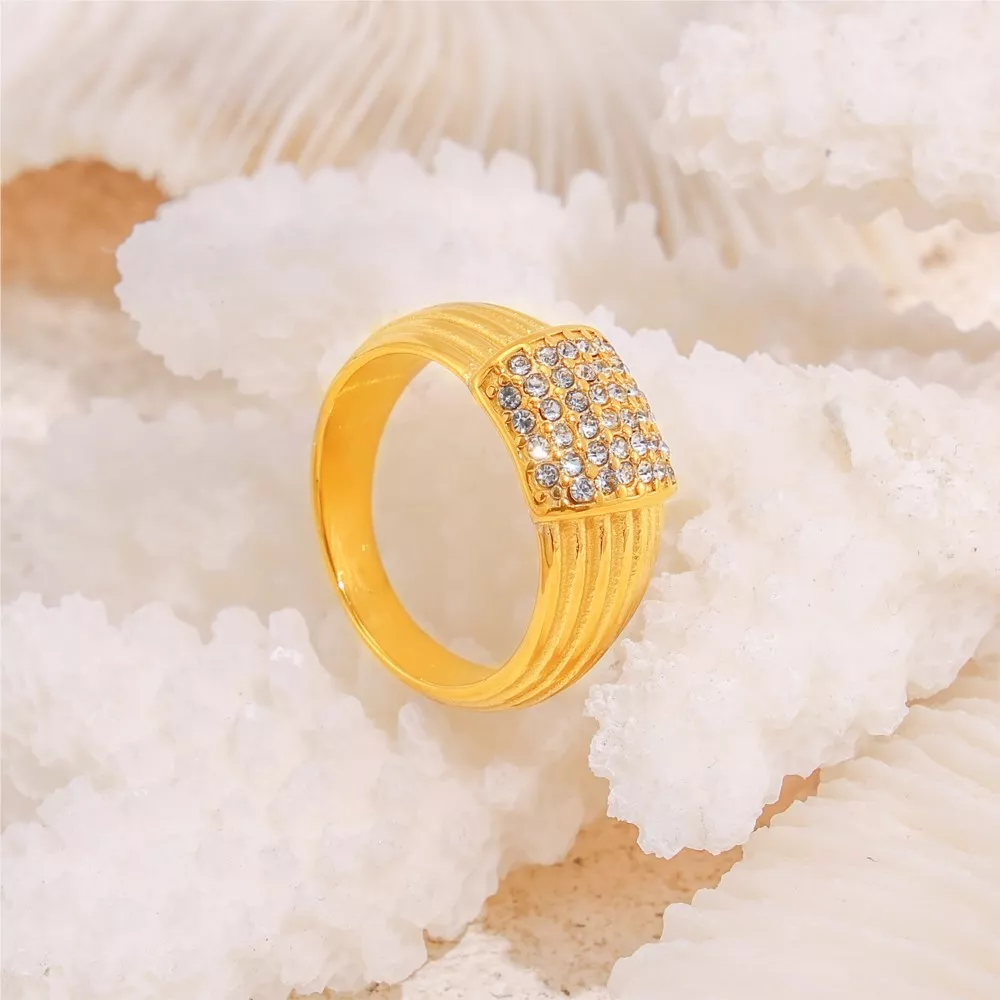 18k Gold Plated Stainless Steel Multi-Line Textured Ring - Image 7