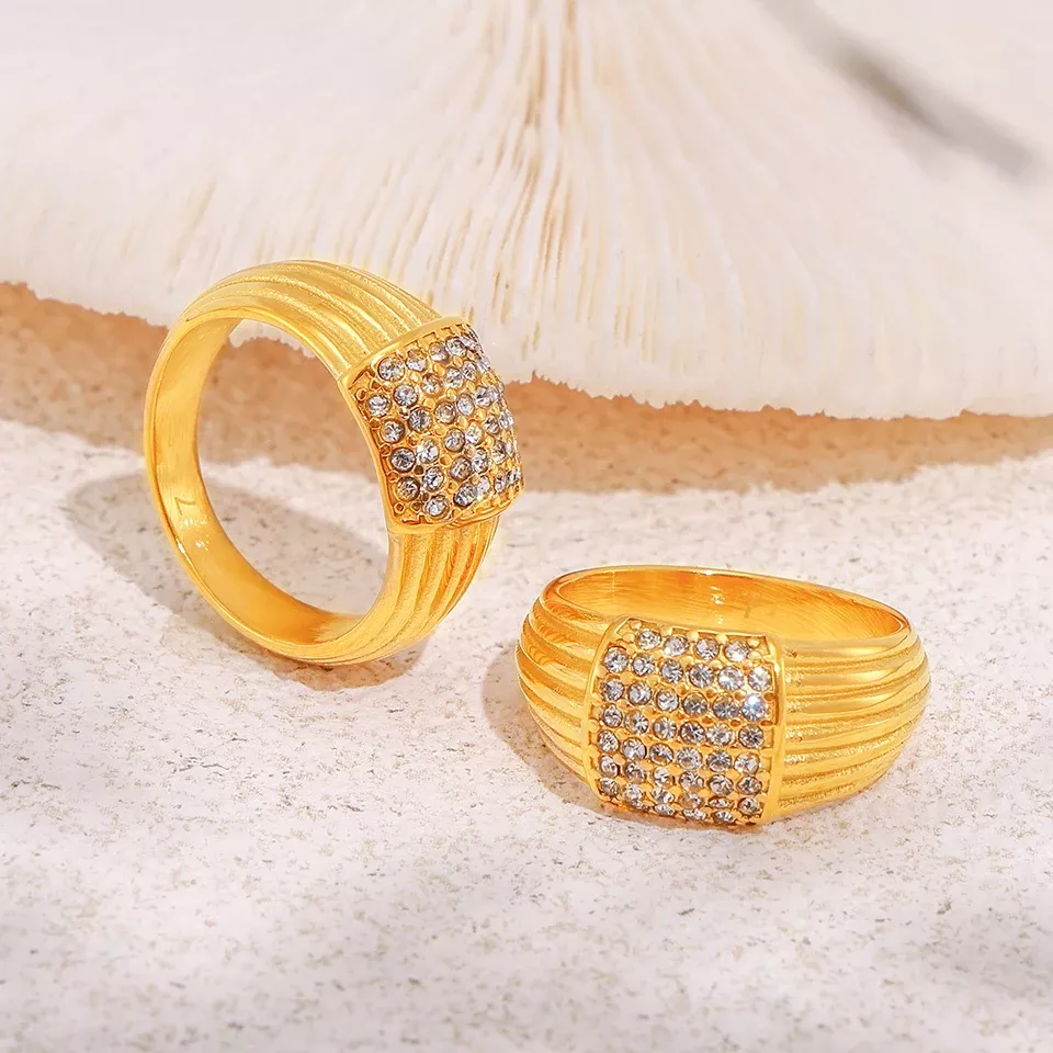 18k Gold Plated Stainless Steel Multi-Line Textured Ring - Image 5