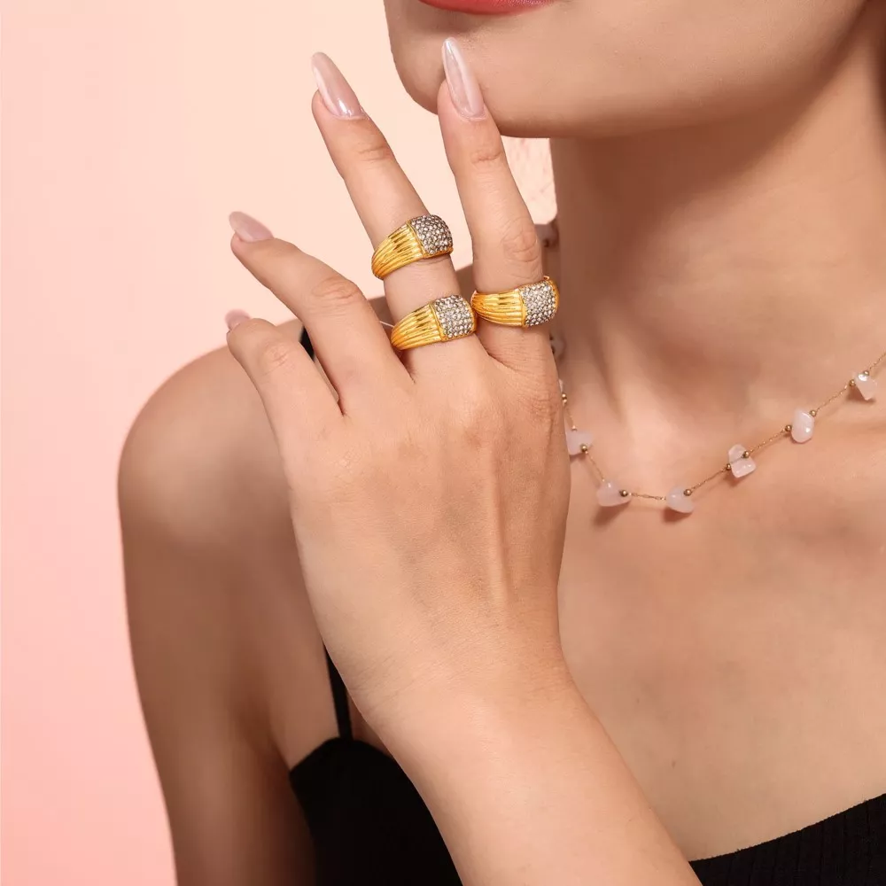 18k Gold Plated Stainless Steel Multi-Line Textured Ring - Image 3