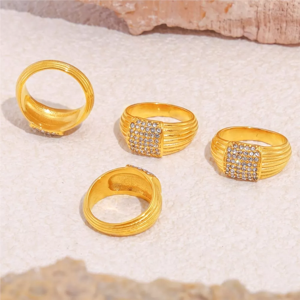 18k Gold Plated Stainless Steel Multi-Line Textured Ring - Image 6