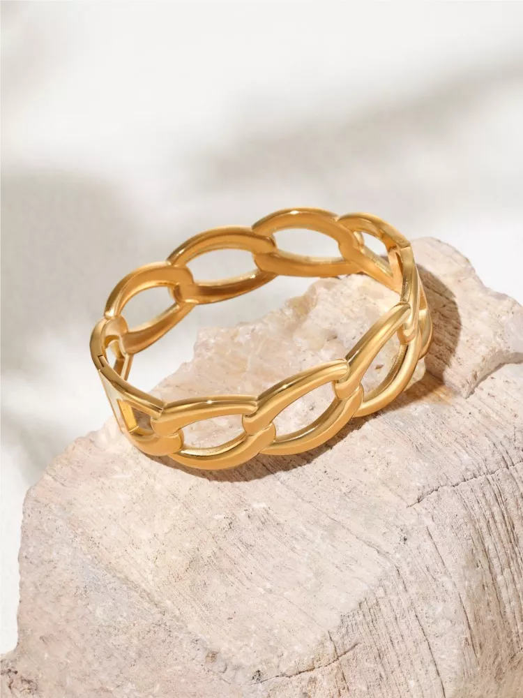 18K Gold Plated Stainless Steel Link Chain Cuff Bracelet - Image 5