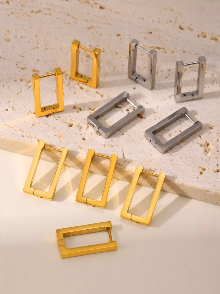 18K Gold Plated Stainless Steel Rectangle Hoop Earrings - Image 5