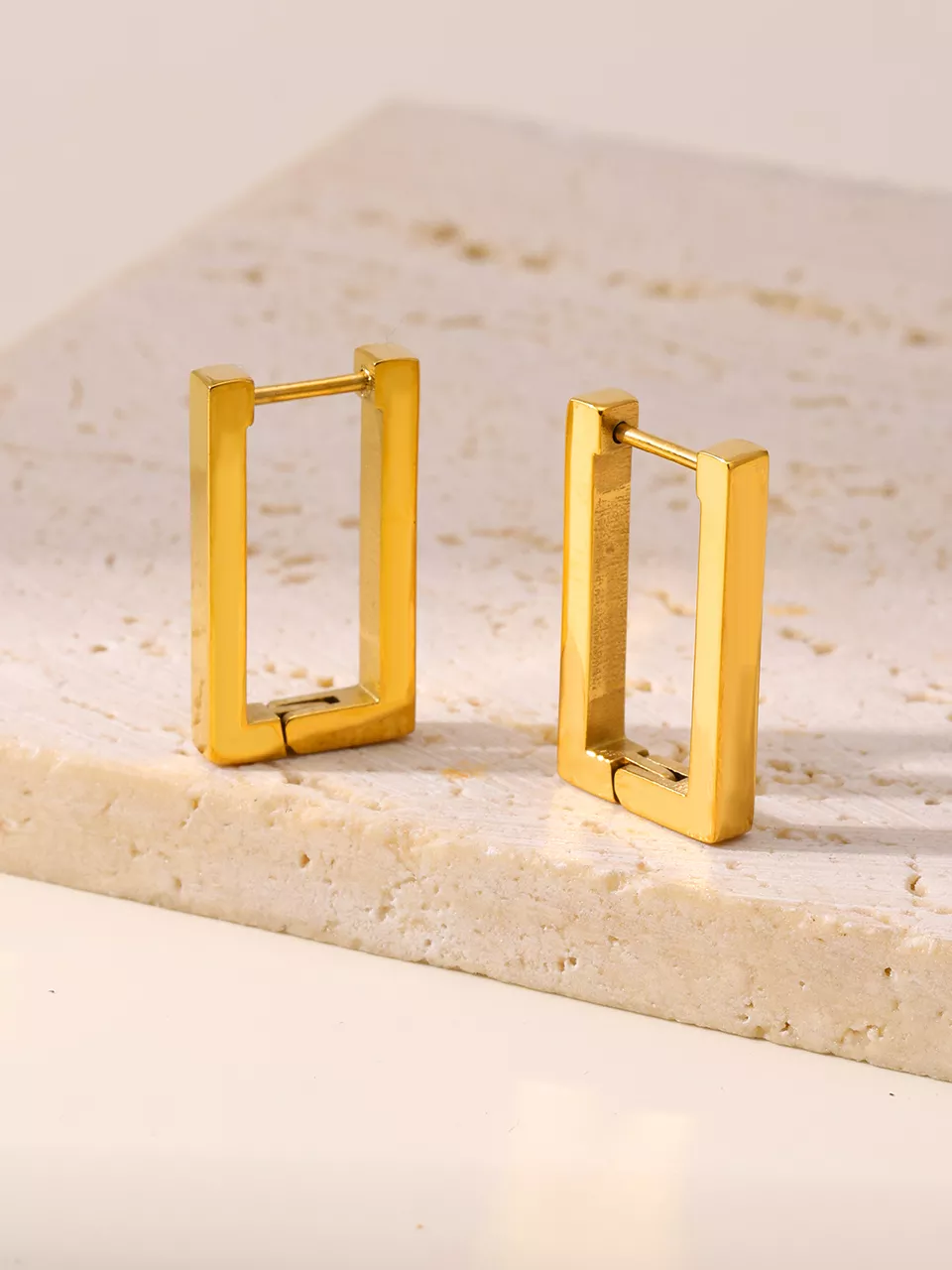 18K Gold Plated Stainless Steel Rectangle Hoop Earrings - Image 3