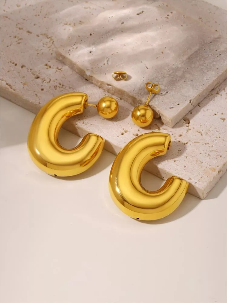 18K Gold Plated Stainless Steel C Shape Stud Earrings for Women - Image 3