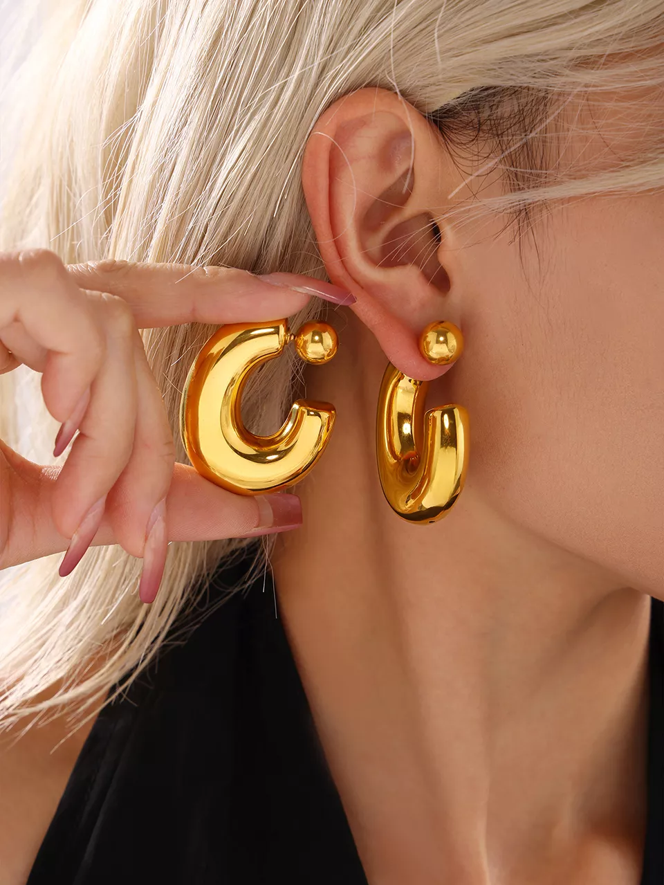 18K Gold Plated Stainless Steel C Shape Stud Earrings for Women - Image 2