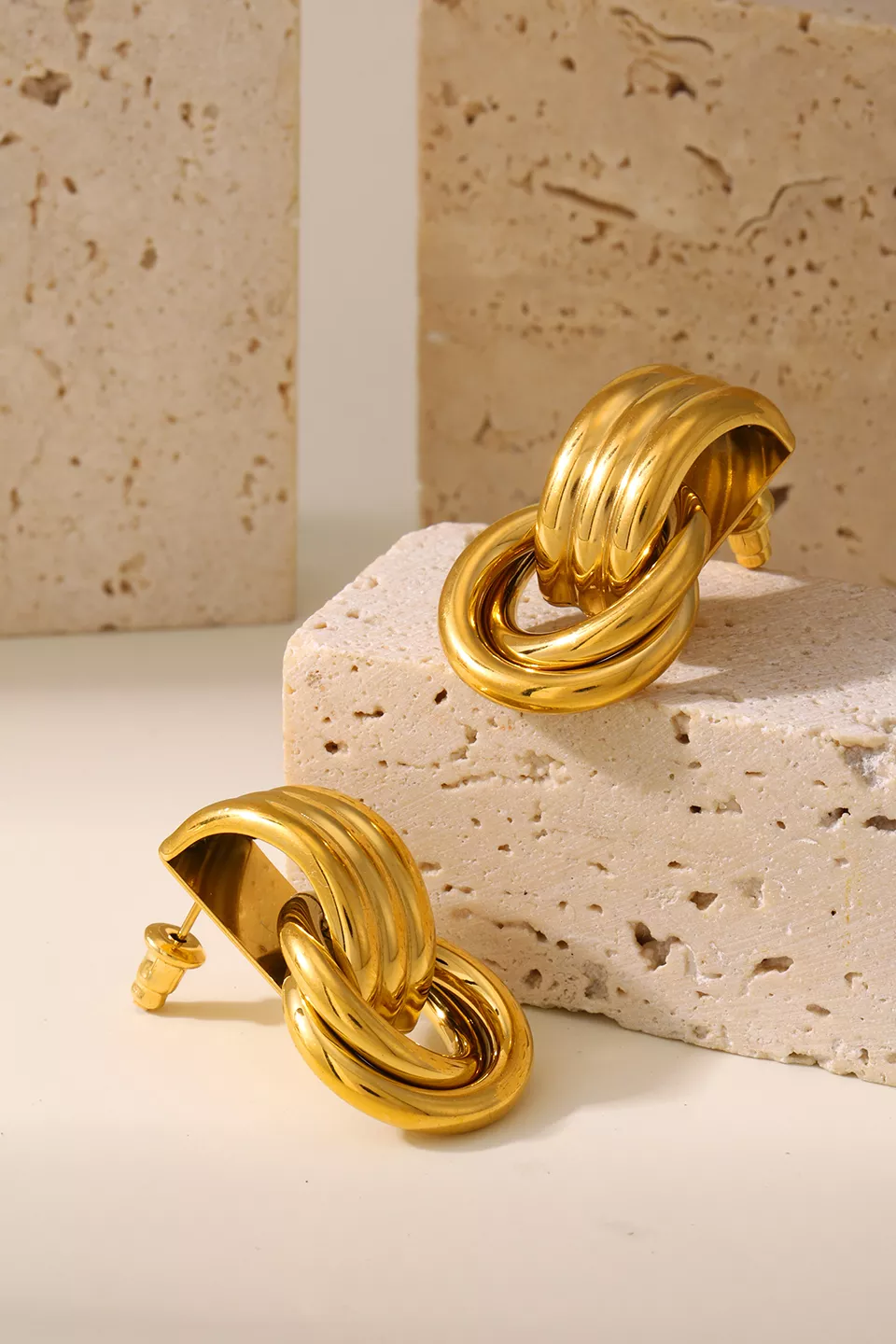 18K Gold Plated Stainless Steel Two Circles Dangle Earrings - Image 4