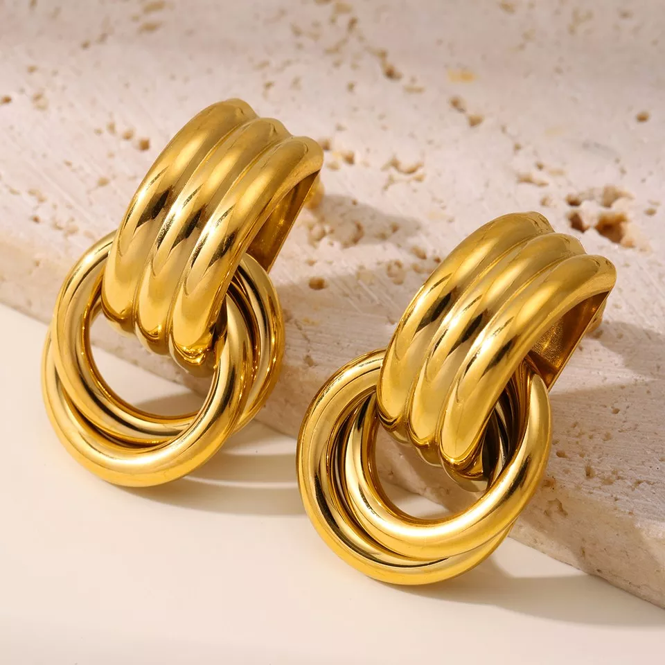 18K Gold Plated Stainless Steel Two Circles Dangle Earrings