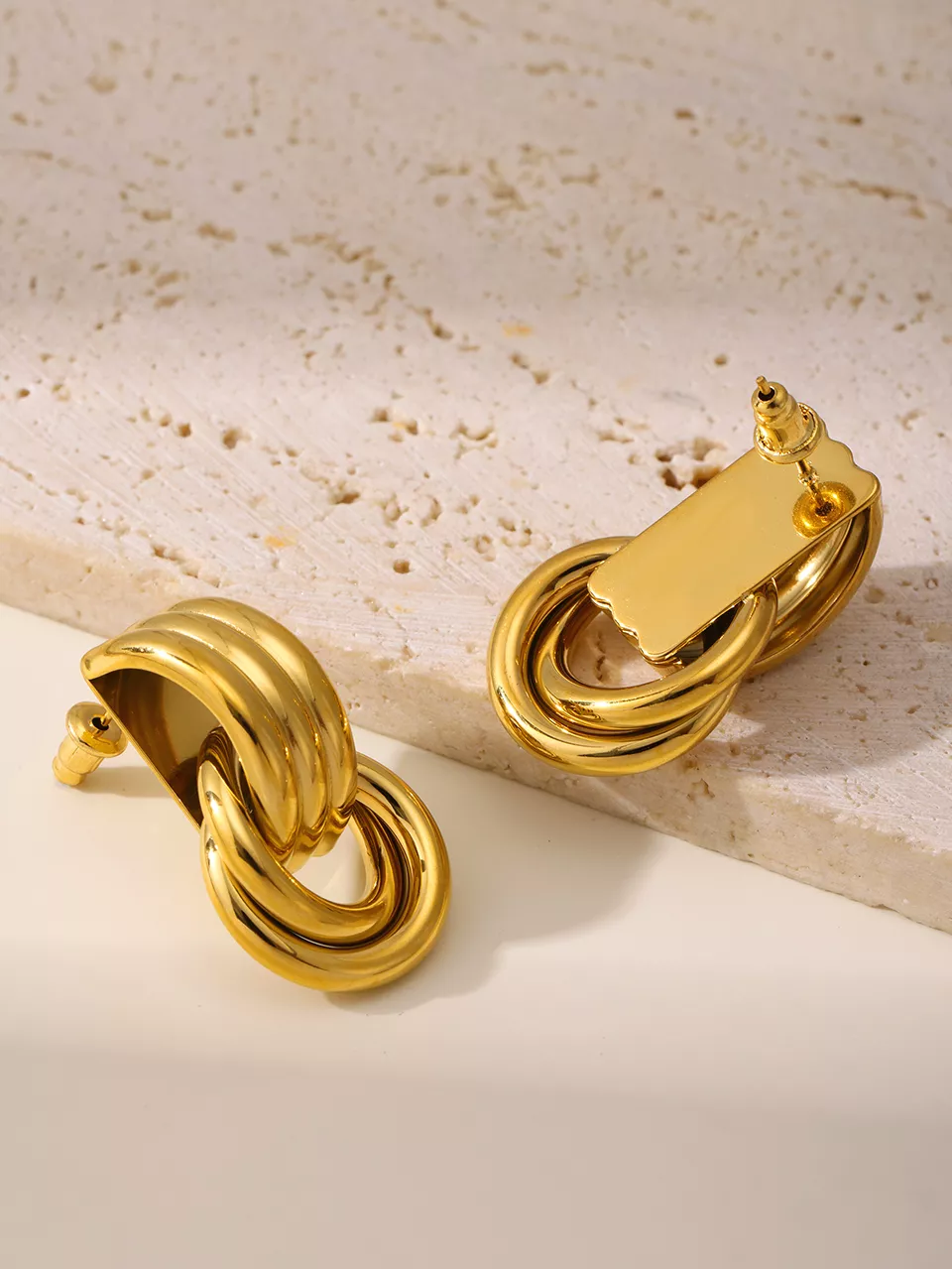 18K Gold Plated Stainless Steel Two Circles Dangle Earrings - Image 6