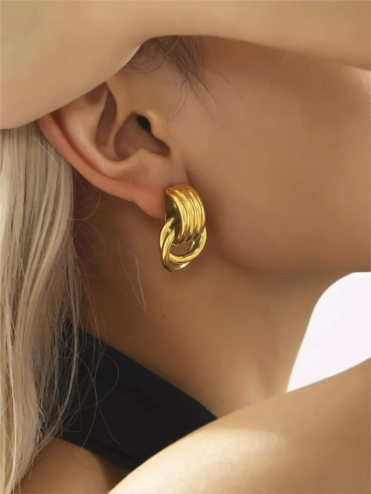 18K Gold Plated Stainless Steel Two Circles Dangle Earrings - Image 2