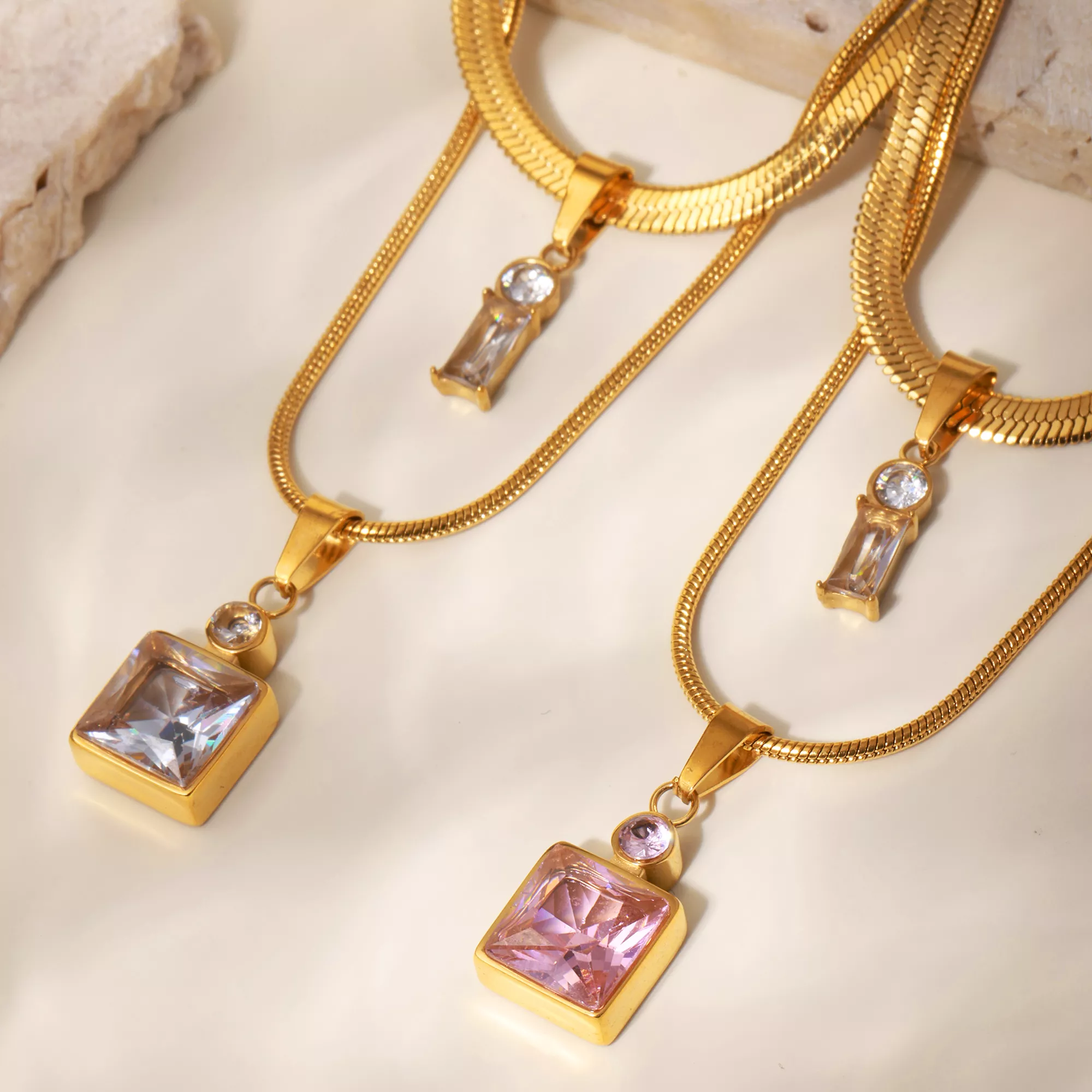 18K Gold Plated Stainless Steel Square Zircon Pendant Necklace - Image 6