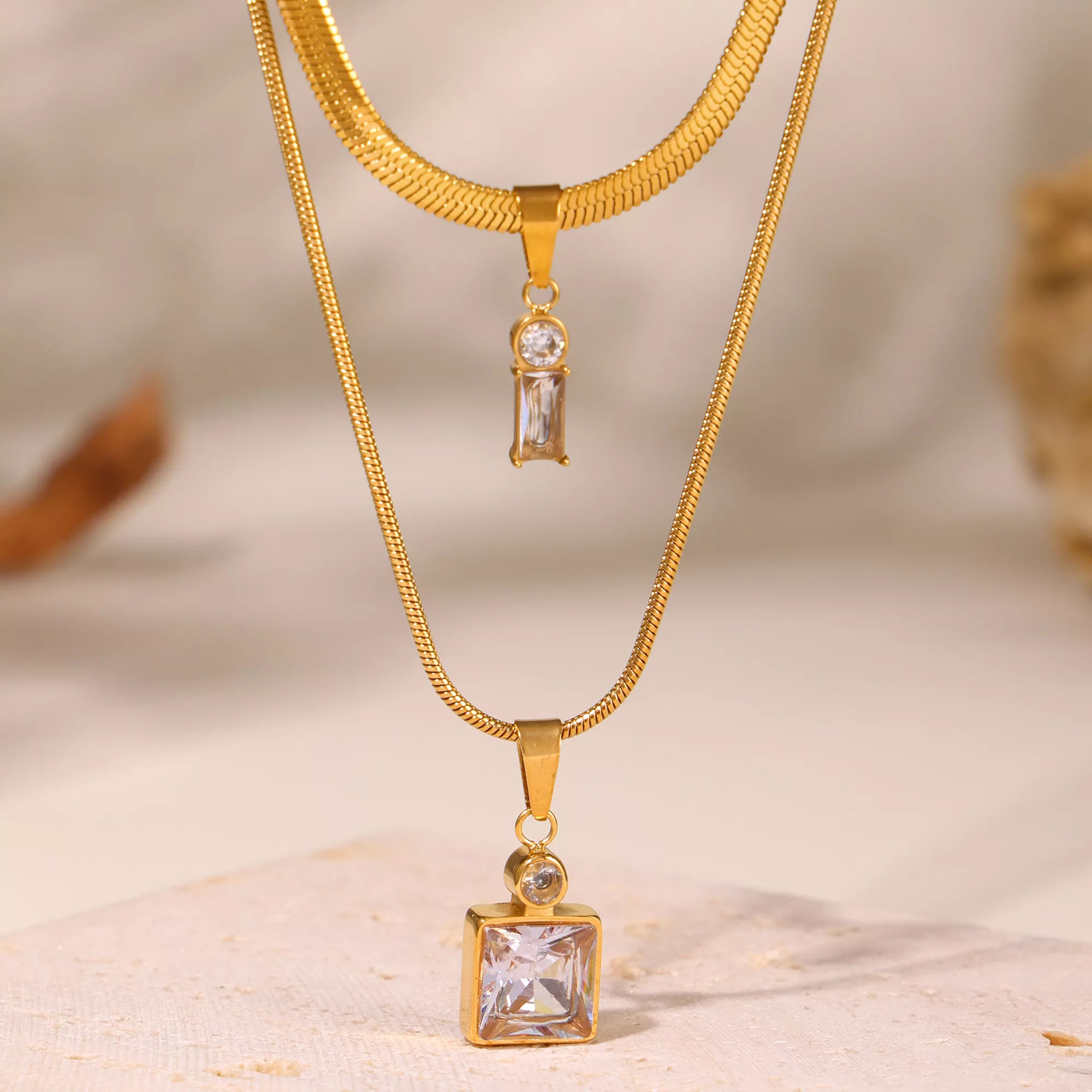 18K Gold Plated Stainless Steel Square Zircon Pendant Necklace - Image 7