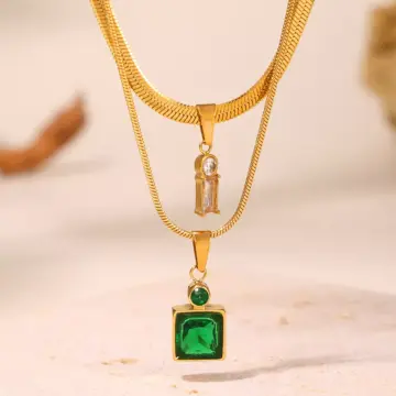 18K Gold Plated Stainless Steel Square Zircon Pendant Necklace