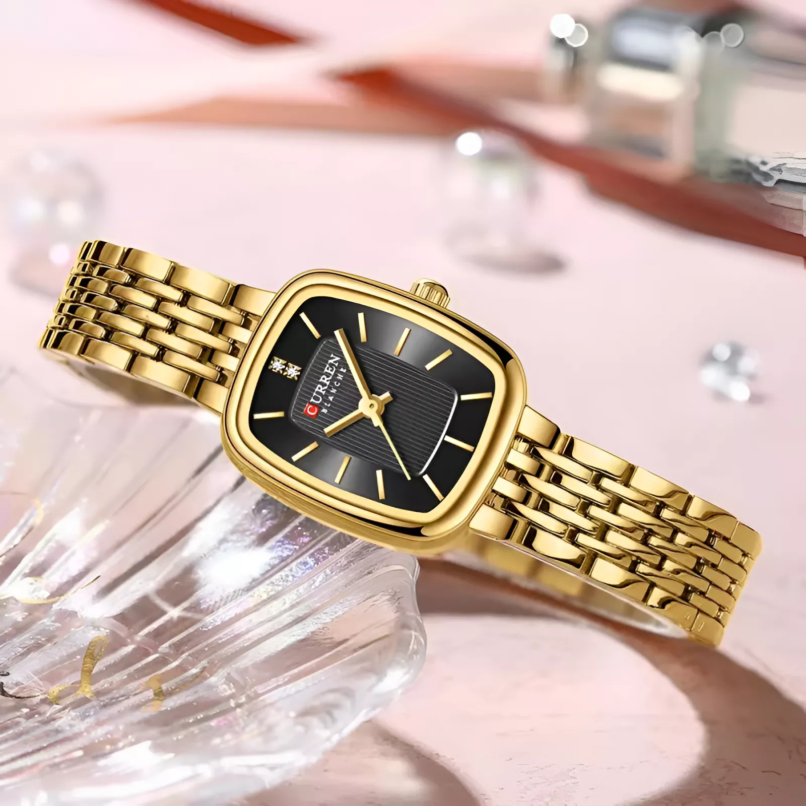 Elegant Square Dial Women’s Watch with Gold Stainless Steel Strap - Image 3