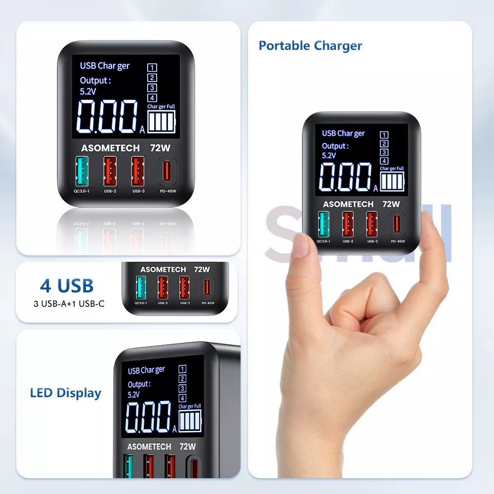 72W 4-Port USB C Fast Charger with LED Display - Image 3