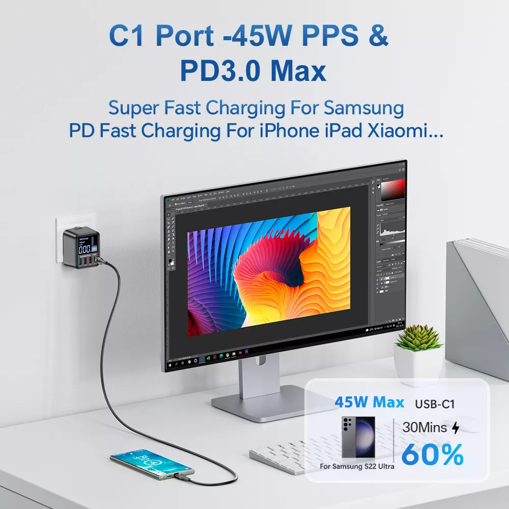 72W 4-Port USB C Fast Charger with LED Display - Image 5