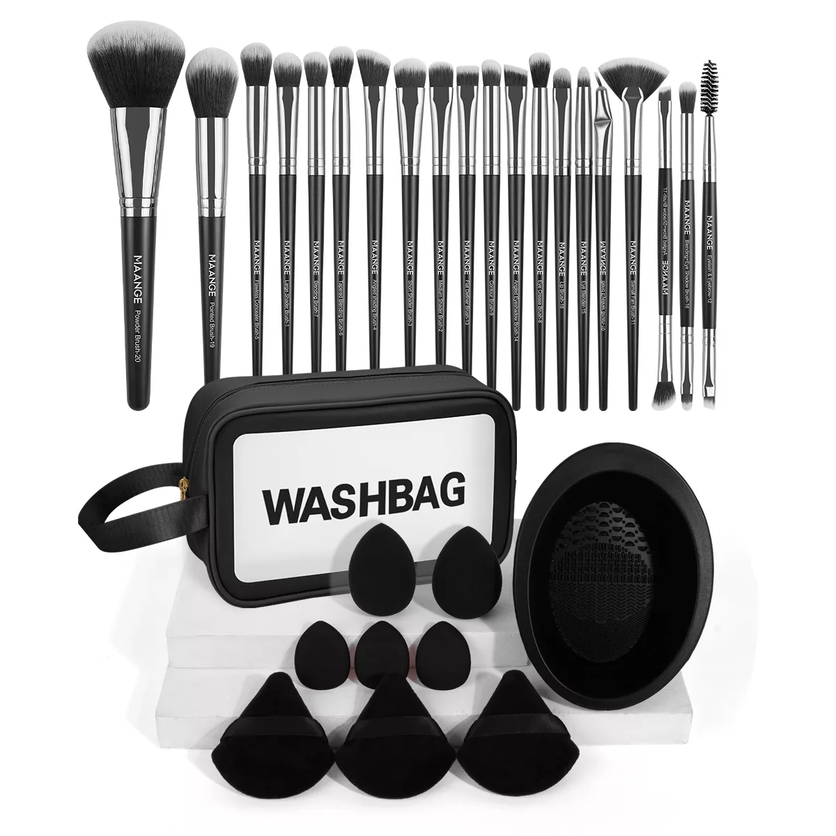 30PCS Makeup Brush & Powder Puff Set with Cleaning Mat for Travel - Image 2