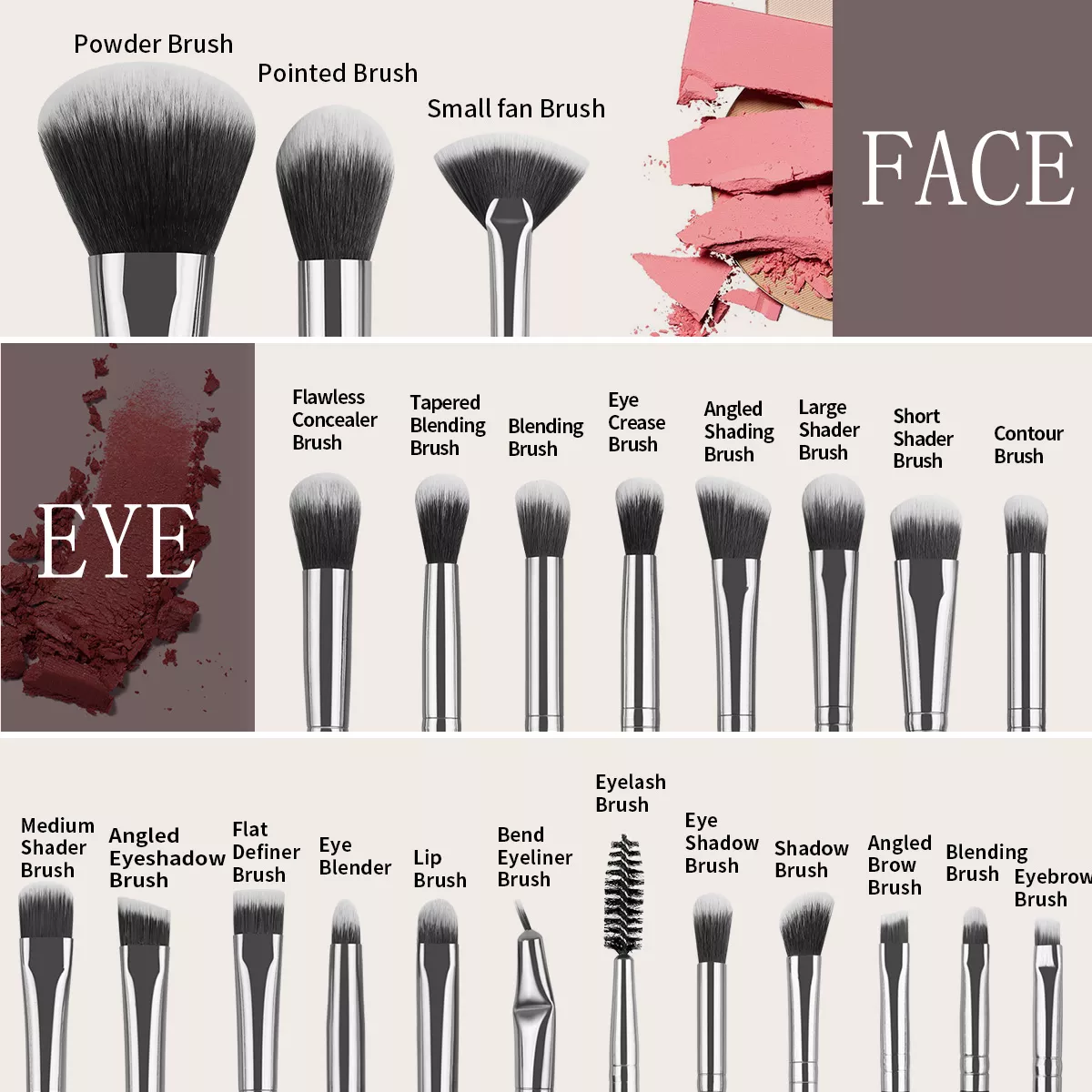 30PCS Makeup Brush & Powder Puff Set with Cleaning Mat for Travel - Image 3