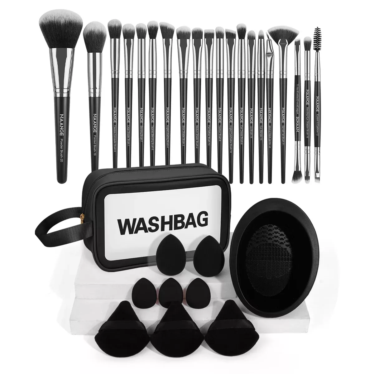 30PCS Makeup Brush & Powder Puff Set with Cleaning Mat for Travel